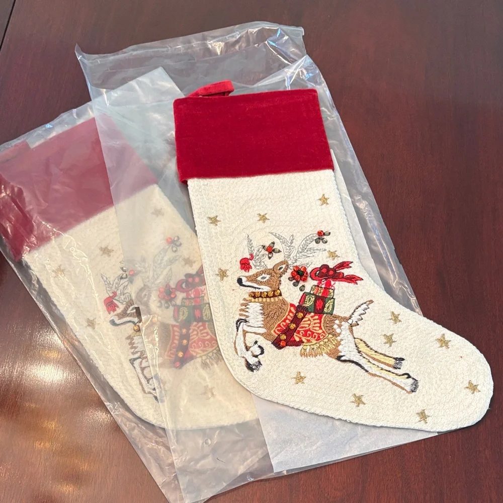 2 NWT Williams Sonoma Reindeer Stockings with Red & Cream Embroidery/bells